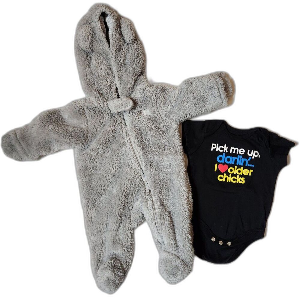 Newborn Fleece Bear Bunting Suit + Graphic Onesie Bundle